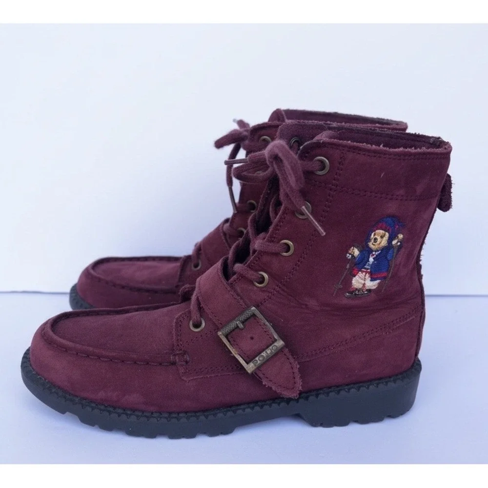 Polo Ralph Lauren Polo Bear Burgundy Leather Ranger Combat Hi II Boots Sz 4.5 US